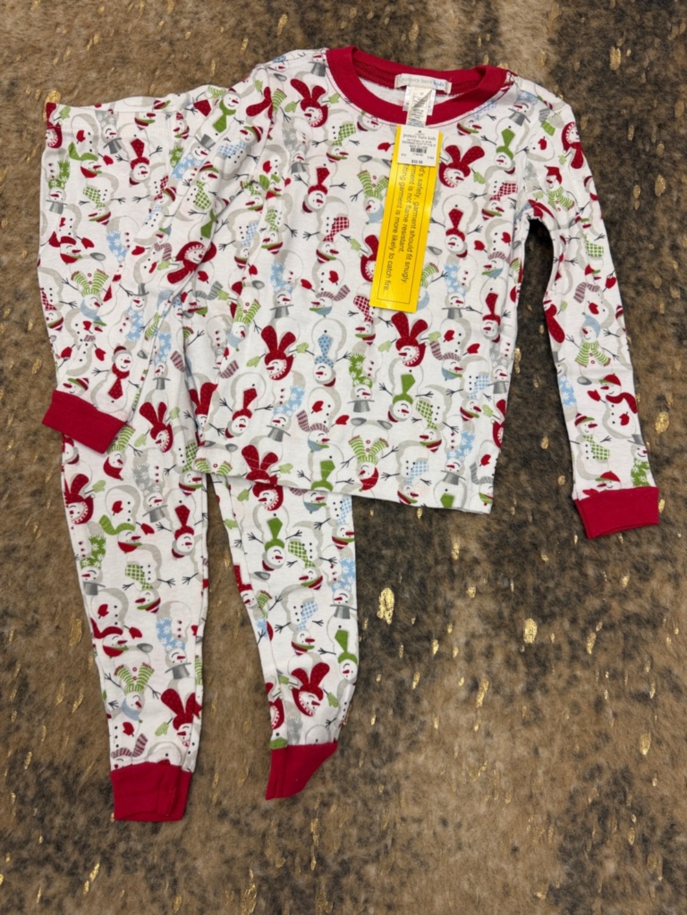 Pottery Barn Kids White Snowman Print Pajama Top with Red Trim NWT